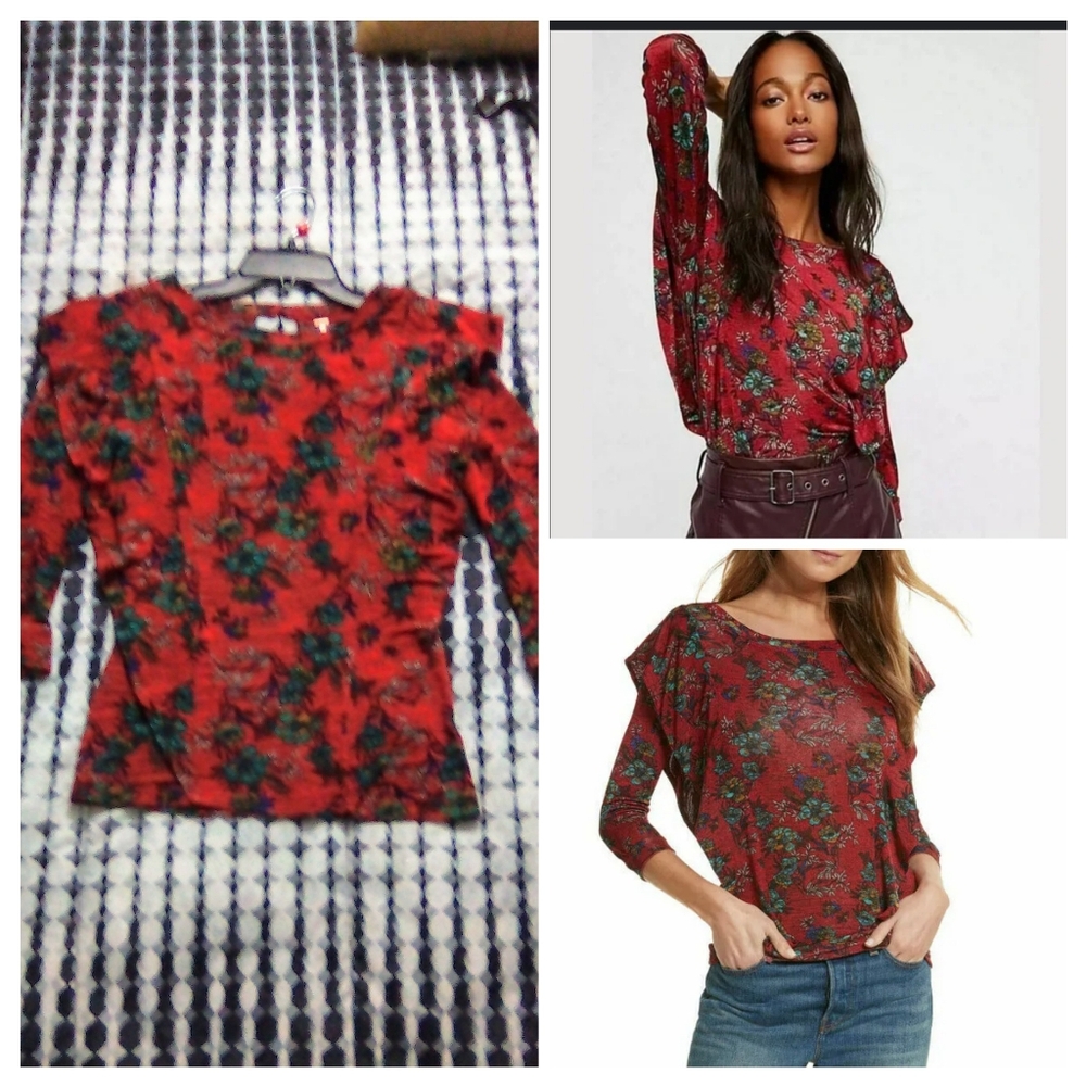 Free People Dock Street Floral Ruffle Top in Burgundy